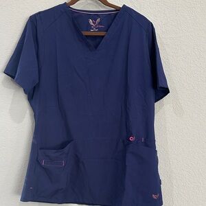 Navy Blue Scrub Top with Pink Accents